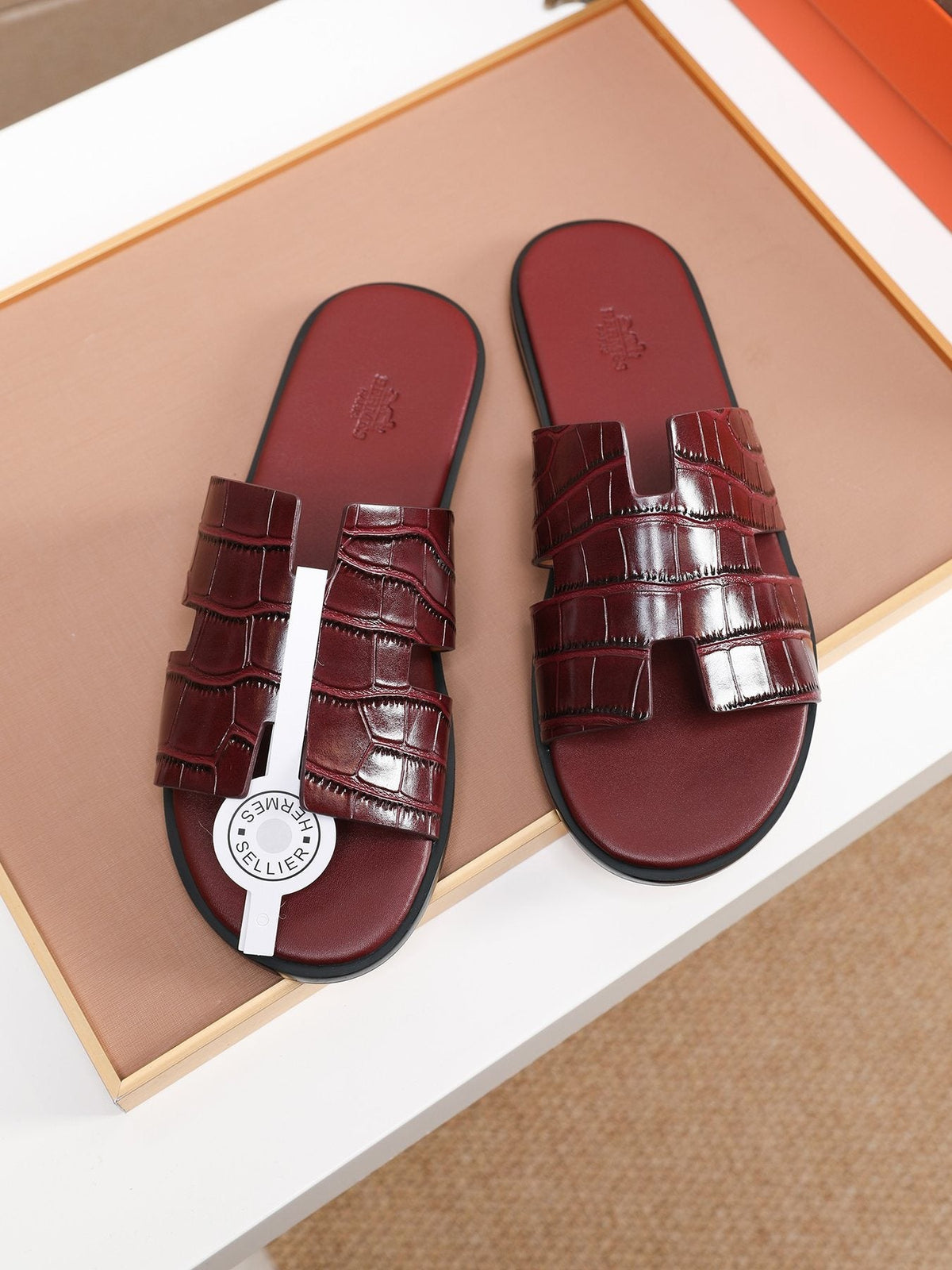 Hermès Burgundy Textured H Slide Sandals